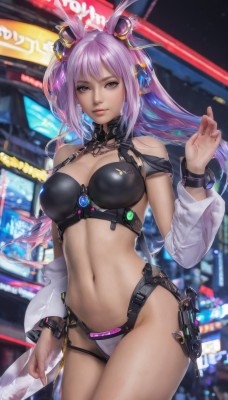 1girl,solo,long hair,breasts,looking at viewer,bangs,large breasts,hair ornament,navel,animal ears,cleavage,bare shoulders,twintails,brown eyes,jewelry,medium breasts,underwear,standing,swimsuit,pink hair,purple hair,bikini,thighs,cowboy shot,parted lips,detached sleeves,midriff,hand up,stomach,rabbit ears,blurry,lips,see-through,blurry background,headgear,revealing clothes,realistic,weapon,grey eyes,night,science fiction,holster,cyberpunk,neon lights