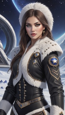 1girl,solo,long hair,breasts,looking at viewer,brown hair,gloves,long sleeves,brown eyes,jewelry,jacket,earrings,sky,belt,lips,coat,book,fur trim,makeup,night,moon,star (sky),snow,starry sky,nose,winter clothes,red lips,space,planet,fur hat,earth (planet),medium breasts,upper body,hood,cropped jacket,fur collar,realistic,emblem,leather