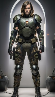 1girl,solo,long hair,looking at viewer,blonde hair,brown hair,gloves,holding,brown eyes,standing,full body,weapon,boots,belt,pants,fingerless gloves,armor,uniform,lips,gun,military,military uniform,robot,shoulder armor,handgun,science fiction,pouch,breastplate,realistic,cable,holster,knee pads,shoulder pads,camouflage,elbow pads,cyberpunk,body armor,elbow gloves,holding weapon,holding gun