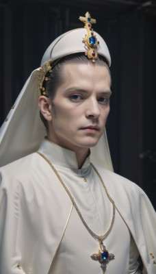 solo,looking at viewer,short hair,blue eyes,black hair,1boy,hat,jewelry,closed mouth,white shirt,upper body,male focus,necklace,blurry,black eyes,white headwear,cross,gem,veil,realistic,nun,habit,very short hair,cross necklace,priest,simple background,facial hair,black background