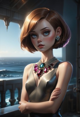 1girl,solo,breasts,looking at viewer,blush,short hair,blue eyes,brown hair,dress,bare shoulders,jewelry,upper body,earrings,small breasts,outdoors,parted lips,sky,sleeveless,day,artist name,water,necklace,blurry,black dress,lips,eyelashes,blurry background,ocean,crossed arms,gem,freckles,nose,railing,bangs,cleavage,sleeveless dress