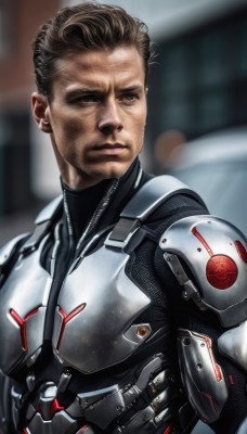 solo,blue eyes,brown hair,1boy,upper body,male focus,parted lips,armor,blurry,lips,looking to the side,bodysuit,blurry background,facial hair,beard,science fiction,realistic,stubble,cyborg,short hair,closed mouth,depth of field,power armor