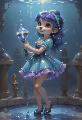 1girl,solo,long hair,blush,smile,open mouth,bangs,blue eyes,hair ornament,dress,holding,animal ears,jewelry,blue hair,standing,full body,ponytail,short sleeves,hairband,earrings,small breasts,frills,shoes,puffy sleeves,artist name,water,necklace,high heels,puffy short sleeves,blue dress,watermark,short dress,sunlight,frilled dress,staff,gem,corset,furry,bubble,blue theme,light rays,underwater,furry female,wand,air bubble,animal nose,pillar,holding wand,looking at viewer,bow,collarbone,pointy ears,signature,lips,sparkle,tiara,aged down,child,fish,blue footwear,female child,snout,footwear bow,submerged