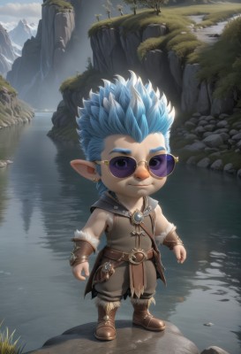 solo,looking at viewer,smile,short hair,shirt,1boy,jewelry,closed mouth,blue hair,standing,full body,male focus,earrings,boots,outdoors,sky,glasses,sleeveless,day,pointy ears,belt,pants,artist name,cloud,water,chibi,tree,fur trim,brown footwear,sunglasses,grass,spiked hair,reflection,rock,mountain,fantasy,round eyewear,lake,cliff,blue eyes,piercing,brooch,brown belt,river