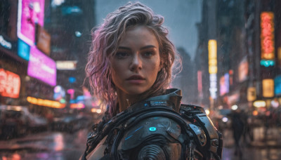 1girl, solo, looking at viewer, short hair, brown eyes, upper body, outdoors, blurry, lips, night, depth of field, blurry background, freckles, science fiction, rain, city, realistic, nose, cyberpunk, neon lights