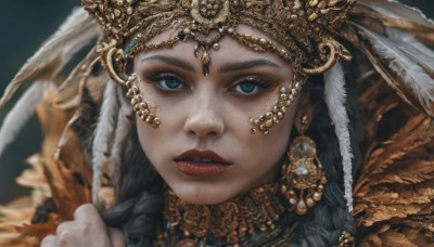 1girl,solo,long hair,looking at viewer,blue eyes,black hair,hair ornament,jewelry,braid,earrings,parted lips,teeth,necklace,blurry,lips,eyelashes,makeup,feathers,lipstick,gem,portrait,close-up,realistic,headdress,red lips,feather hair ornament,artist name,depth of field,veil,freckles,gold