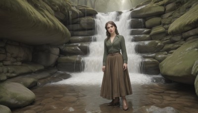 1girl,solo,long hair,breasts,looking at viewer,skirt,brown hair,shirt,black hair,long sleeves,brown eyes,medium breasts,closed mouth,standing,full body,boots,outdoors,belt,water,lips,brown footwear,nature,forest,long skirt,brown skirt,rock,realistic,green shirt,arms at sides,mushroom,waterfall,stream,pleated skirt,high heels,lipstick,red lips,brown belt,wide shot,moss