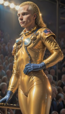 1girl,long hair,breasts,looking at viewer,blue eyes,blonde hair,gloves,brown eyes,standing,cowboy shot,small breasts,parted lips,solo focus,shiny,blurry,lips,hand on hip,bodysuit,blurry background,goggles,skin tight,shiny clothes,realistic,nose,blue gloves,latex,harness,crowd,yellow bodysuit,solo,1boy,male focus,science fiction