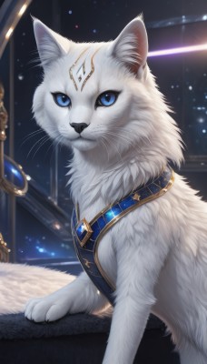 solo,looking at viewer,blue eyes,closed mouth,indoors,signature,no humans,animal,cat,gem,mirror,animal focus,white fur,whiskers,blue gemstone,red gemstone,fluffy,blue sclera,jewelry,necklace,star (sky),white cat