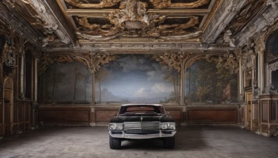 sky,cloud,indoors,tree,no humans,window,cloudy sky,ground vehicle,scenery,motor vehicle,car,vehicle focus,night,sports car