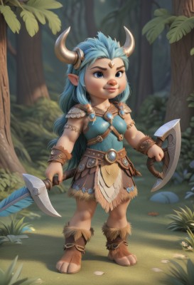 1girl,solo,long hair,breasts,smile,blue eyes,skirt,holding,jewelry,blue hair,standing,full body,weapon,boots,outdoors,horns,pointy ears,holding weapon,armor,tree,lips,facial mark,thick eyebrows,feathers,knife,genderswap,nature,genderswap (mtf),forest,dual wielding,bracer,axe,mushroom,hooves,belt,artist name,fur trim,leaf