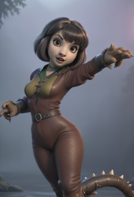 1girl,solo,breasts,looking at viewer,smile,short hair,open mouth,bangs,brown hair,gloves,brown eyes,medium breasts,standing,tail,boots,parted lips,teeth,choker,belt,artist name,blurry,lips,bodysuit,makeup,bob cut,knee boots,lipstick,monster girl,claws,spikes,leather,black hair,pants,watermark,web address,brown gloves,realistic,nose,red lips,brown pants,studded collar