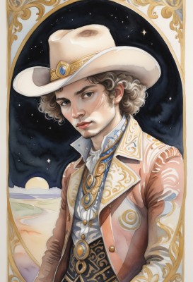 solo,looking at viewer,brown hair,shirt,1boy,hat,brown eyes,jewelry,jacket,white shirt,upper body,male focus,open clothes,sky,necklace,black eyes,lips,night,buttons,facial hair,border,moon,brooch,gem,star (sky),night sky,starry sky,curly hair,brown jacket,long sleeves,closed mouth,standing,outdoors,vest,open jacket,coat,ascot,white headwear,brown headwear,cowboy hat,cowboy western