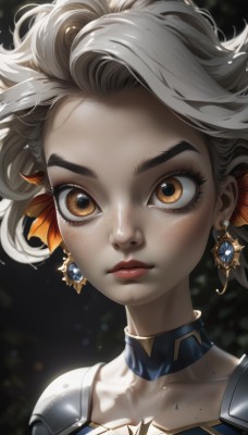 1girl,solo,looking at viewer,short hair,hair ornament,brown eyes,jewelry,closed mouth,collarbone,white hair,grey hair,earrings,choker,shiny,artist name,armor,blurry,lips,eyelashes,makeup,blurry background,thick eyebrows,shoulder armor,portrait,close-up,forehead,freckles,pauldrons,nose,red lips,body freckles,bangs,orange eyes,gem,wide-eyed,gold,mascara