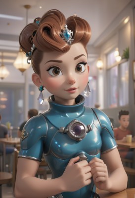 1girl,breasts,looking at viewer,blush,smile,short hair,multiple girls,brown hair,shirt,hair ornament,1boy,brown eyes,jewelry,sitting,upper body,short sleeves,earrings,small breasts,parted lips,multiple boys,solo focus,shiny,indoors,signature,hair bun,armor,blurry,cup,lips,window,bodysuit,makeup,depth of field,blurry background,chair,table,single hair bun,tiara,skin tight,clenched hands,bar (place),restaurant,cafe,pov across table,dress,nose