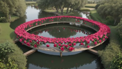 flower,outdoors,day,water,tree,no humans,rose,grass,plant,red flower,nature,scenery,pink flower,forest,reflection,bush,bridge,river,pond,garden,shadow,leaf,boat,lake,reflective water