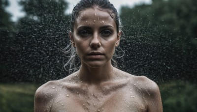 1girl,solo,looking at viewer,black hair,jewelry,closed mouth,collarbone,upper body,nude,earrings,outdoors,blurry,black eyes,lips,wet,blurry background,portrait,freckles,rain,water drop,realistic,wet hair,short hair,brown eyes,expressionless,nature,snow,snowing