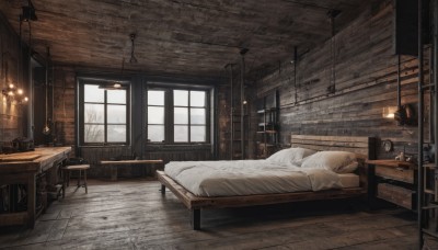 sky,day,cloud,indoors,tree,cup,pillow,book,no humans,window,bed,bed sheet,on bed,chair,table,sunlight,scenery,wooden floor,door,blanket,clock,lamp,wall,bedroom,stool,carpet,cabinet,fireplace,snow,desk,tiles,tile floor,brick wall,shelf,ceiling,ceiling light,rug,wooden chair