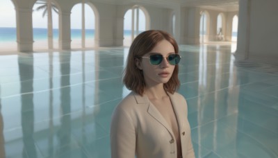 1girl,solo,breasts,looking at viewer,short hair,brown hair,cleavage,collarbone,jacket,upper body,small breasts,day,indoors,medium hair,water,lips,sunglasses,reflection,realistic,pool,pillar,looking over eyewear,blue eyes,jewelry,medium breasts,closed mouth,earrings,outdoors,open clothes,glasses,coat,parted bangs,no bra,ocean,forehead,nose,palm tree,labcoat,white coat,tinted eyewear,naked coat