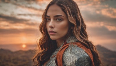 1girl,solo,long hair,looking at viewer,brown hair,brown eyes,closed mouth,upper body,outdoors,sky,cloud,dark skin,armor,blurry,dark-skinned female,lips,blurry background,wavy hair,cloudy sky,shoulder armor,portrait,curly hair,pauldrons,sunset,mountain,realistic,nose,sun,chainmail,mole,from side,forehead,freckles