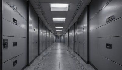 monochrome,greyscale,indoors,no humans,window,scenery,door,tiles,tile floor,locker,school,floor,ceiling,hallway,locker room,ceiling light,horror (theme)