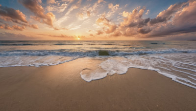 outdoors, sky, cloud, water, no humans, ocean, beach, cloudy sky, scenery, sunset, sand, horizon, waves, shore