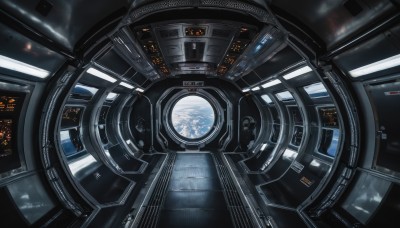 no humans,scenery,reflection,science fiction,realistic,space,planet,earth (planet),spacecraft,spacesuit,cockpit,indoors,window,robot,machinery,lights