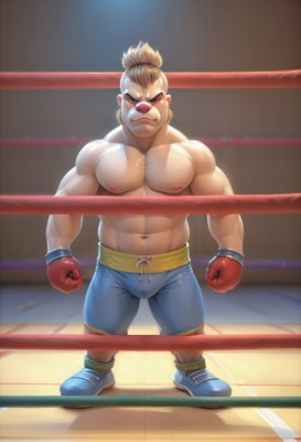 solo,looking at viewer,short hair,blonde hair,brown hair,gloves,1boy,navel,brown eyes,nipples,standing,full body,male focus,shoes,shorts,muscular,abs,thick eyebrows,pectorals,muscular male,bara,clenched hands,large pectorals,blue shorts,topless male,blue footwear,wrestling outfit,boxing gloves,wrestling ring,stomach,black eyes,furry,bulge,furry male