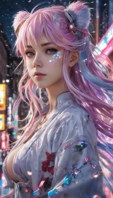 1girl,solo,long hair,breasts,looking at viewer,bangs,blue eyes,hair ornament,cleavage,jewelry,medium breasts,upper body,pink hair,multicolored hair,earrings,outdoors,parted lips,japanese clothes,artist name,kimono,necklace,mole,blurry,from side,lips,grey eyes,petals,eyelashes,mole under eye,makeup,night,depth of field,blurry background,facial mark,floral print,gem,realistic,nose,blue hair,open clothes,hair bun,looking to the side,double bun,piercing,ear piercing