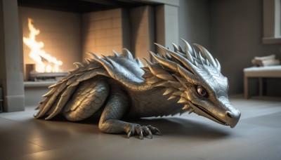 HQ,solo,red eyes,tail,full body,indoors,blurry,from side,pokemon (creature),no humans,window,blurry background,fire,claws,colored sclera,monster,realistic,dragon,scales,animal focus,kitchen,fireplace,lying,teeth,sharp teeth,slit pupils