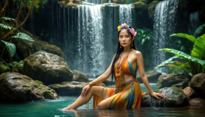 HQ,1girl,solo,long hair,breasts,looking at viewer,smile,black hair,hair ornament,dress,cleavage,bare shoulders,brown eyes,jewelry,medium breasts,sitting,flower,earrings,outdoors,parted lips,barefoot,sleeveless,day,hair flower,water,necklace,blurry,bracelet,tree,lips,wet,depth of field,arm support,leaf,sunlight,plant,nature,scenery,forest,knee up,rock,realistic,head wreath,hand on own knee,soaking feet,waterfall,moss,brown hair,collarbone,bare arms,bare legs,makeup,lipstick,pink flower,red lips,bangle,river