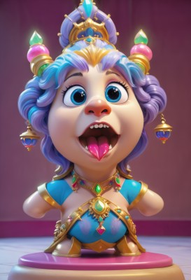 1girl,solo,breasts,looking at viewer,smile,short hair,open mouth,blue eyes,hair ornament,jewelry,blue hair,standing,full body,purple hair,short sleeves,multicolored hair,teeth,tongue,tongue out,necklace,two-tone hair,eyelashes,makeup,upper teeth only,arms behind back,gem,blue gemstone,buck teeth,uvula,blonde hair,artist name,hair bun,fangs,single hair bun