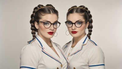 long hair,looking at viewer,smile,blue eyes,multiple girls,simple background,brown hair,shirt,black hair,hair ornament,white background,2girls,jewelry,closed mouth,jacket,white shirt,upper body,braid,multicolored hair,earrings,parted lips,glasses,collared shirt,grey background,necklace,twin braids,lips,gradient,grey eyes,gradient background,makeup,buttons,siblings,white jacket,lipstick,sisters,eyeshadow,black-framed eyewear,twins,hoop earrings,realistic,round eyewear,red lips,breasts,hair bun,dual persona,clone