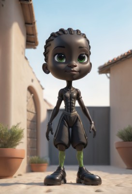 1girl,solo,looking at viewer,smile,1boy,green eyes,standing,full body,male focus,outdoors,sky,shoes,shorts,day,dark skin,black footwear,blurry,blue sky,colored skin,plant,building,potted plant,argyle legwear,very dark skin,black skin,dreadlocks,cactus,short hair,brown hair,jewelry,parted lips,necklace,bracelet,dark-skinned female,depth of field,blurry background,furry,armlet,furry female,facepaint,mohawk,tribal