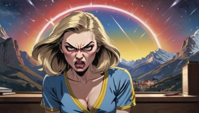 1girl,solo,breasts,looking at viewer,blush,open mouth,blue eyes,blonde hair,large breasts,shirt,cleavage,medium breasts,collarbone,upper body,short sleeves,sky,teeth,medium hair,lips,blood,makeup,halo,parody,blue shirt,lipstick,star (sky),angry,starry sky,mountain,shooting star,sunset,red lips,sunrise