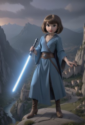 1girl,solo,breasts,looking at viewer,short hair,bangs,brown hair,long sleeves,holding,brown eyes,standing,full body,weapon,boots,outdoors,sky,belt,sword,cloud,wide sleeves,holding weapon,lips,brown footwear,holding sword,bob cut,cloudy sky,grass,building,robe,mountain,fantasy,castle,energy sword,lightsaber,dress,cleavage,small breasts,parted lips,black eyes,high heels,cosplay,watermark,genderswap (mtf),high heel boots