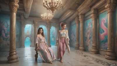 long hair,breasts,multiple girls,brown hair,shirt,black hair,dress,navel,2girls,cleavage,bare shoulders,brown eyes,jewelry,medium breasts,sitting,standing,ponytail,earrings,barefoot,midriff,pants,indoors,signature,water,necklace,off shoulder,bracelet,lips,chair,sandals,scenery,walking,realistic,arms at sides,tiles,tile floor,pillar,throne,statue,arch,reflective floor,chandelier,pink pants,column,smile,long sleeves,collarbone,jacket,white shirt,open clothes,artist name,white dress,looking at another,see-through,anklet,wide shot