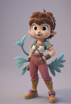 1girl,solo,looking at viewer,blush,smile,short hair,simple background,brown hair,shirt,gloves,brown eyes,jewelry,standing,full body,hairband,boots,pointy ears,belt,pants,fingerless gloves,bracelet,hand on hip,feathers,open mouth,white background,animal ears,tail,short sleeves,furry,furry female,buck teeth