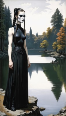 1girl,solo,long hair,breasts,black hair,dress,bare shoulders,medium breasts,standing,braid,boots,outdoors,sleeveless,water,black dress,tree,pale skin,nature,reflection,long skirt,river,lake,full body,lips,makeup,sleeveless dress,halterneck,facial mark,lipstick,forest,black lips