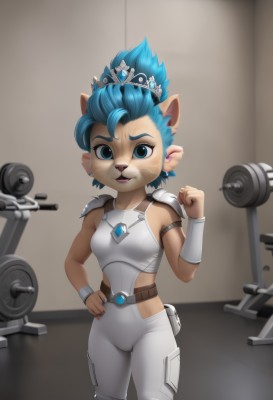 1girl,solo,breasts,looking at viewer,smile,short hair,open mouth,blue eyes,animal ears,jewelry,blue hair,standing,tail,cowboy shot,small breasts,belt,pants,indoors,hand up,armor,hand on hip,tiara,shoulder armor,clenched hand,furry,armlet,pauldrons,pouch,breastplate,white pants,furry female,body fur,animal nose,whiskers,exercise,single pauldron,dumbbell,bangs,hair ornament,parted lips,teeth,artist name,blurry,bodysuit,blurry background,cameltoe,watermark,spiked hair