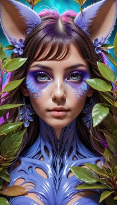 1girl,solo,long hair,breasts,looking at viewer,bangs,blue eyes,brown hair,hair ornament,animal ears,medium breasts,closed mouth,upper body,flower,shiny,artist name,cat ears,hair flower,lips,fox ears,eyelashes,makeup,leaf,watermark,facial mark,plant,lipstick,portrait,eyeshadow,pink lips,nose,eyeliner,mascara,large breasts,bodysuit,freckles,realistic,facepaint,bodypaint