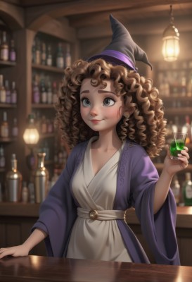 1girl,solo,long hair,breasts,blush,smile,brown hair,hat,dress,holding,cleavage,jewelry,collarbone,earrings,small breasts,indoors,wide sleeves,blurry,cup,lips,grey eyes,witch hat,depth of field,blurry background,bottle,holding cup,alcohol,drinking glass,freckles,curly hair,robe,witch,candle,shelf,bar (place),counter,potion,brown eyes,upper body,apron,wavy hair,thick eyebrows