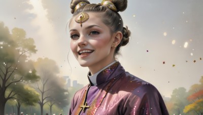 1girl,solo,looking at viewer,blush,smile,open mouth,blue eyes,brown hair,black hair,hair ornament,dress,jewelry,upper body,braid,earrings,outdoors,sky,teeth,day,necklace,hair bun,black eyes,tree,lips,double bun,chinese clothes,cross,realistic,nose,confetti,artist name,grin,grey eyes,cross necklace