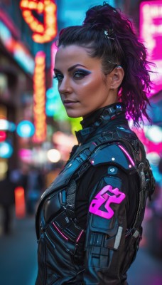 1girl,solo,long hair,looking at viewer,blue eyes,black hair,hair ornament,jewelry,closed mouth,jacket,upper body,ponytail,purple hair,multicolored hair,earrings,outdoors,dark skin,blurry,from side,dark-skinned female,lips,black jacket,makeup,depth of field,blurry background,piercing,high ponytail,lipstick,ear piercing,eyeshadow,science fiction,realistic,nose,eyeliner,cyborg,hair pulled back,purple lips,mascara,cyberpunk,neon lights,gloves,armor,bodysuit,night,city,stud earrings,leather,city lights