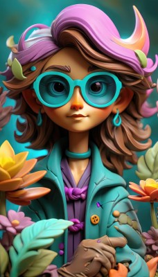 1girl,solo,long hair,looking at viewer,smile,blue eyes,brown hair,hair ornament,gloves,jewelry,closed mouth,jacket,upper body,purple hair,flower,multicolored hair,earrings,parted lips,open clothes,glasses,choker,artist name,dark skin,medium hair,blurry,two-tone hair,open jacket,dark-skinned female,lips,eyelashes,makeup,blurry background,leaf,watermark,sunglasses,lipstick,crescent,pink flower,brown gloves,eyeshadow,freckles,yellow flower,round eyewear,purple flower,purple shirt,tinted eyewear,yellow-framed eyewear,blue-tinted eyewear,shirt,pink hair,nail polish,streaked hair,coat,hoop earrings