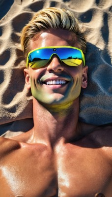 solo,looking at viewer,smile,short hair,blonde hair,1boy,nipples,collarbone,upper body,male focus,teeth,shiny,grin,shiny skin,muscular,facial hair,sunglasses,pectorals,muscular male,goggles,bara,large pectorals,topless male,realistic,manly,open mouth,nude,artist name,signature,lips,shadow,portrait,tinted eyewear