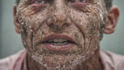 solo,looking at viewer,smile,open mouth,shirt,1boy,white shirt,grey hair,male focus,teeth,tongue,water,blurry,lips,wet,depth of field,blurry background,portrait,close-up,realistic,wet hair,old,old man,wrinkled skin,ugly man,facial hair,clenched teeth,veins,manly