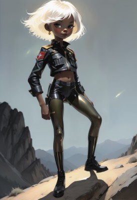 1girl,solo,looking at viewer,short hair,blonde hair,long sleeves,navel,jewelry,closed mouth,standing,jacket,full body,white hair,pantyhose,earrings,boots,outdoors,open clothes,shoes,shorts,midriff,belt,dark skin,medium hair,black footwear,open jacket,dark-skinned female,lips,black jacket,crop top,grey eyes,black pantyhose,short shorts,black shorts,cropped jacket,shiny clothes,legwear under shorts,leather,very dark skin,leather jacket,cliff,leather pants,blush,sky,day,shiny,pants,flat chest,makeup,lipstick,wind,clenched hands,mountain,nose,red lips,mountainous horizon