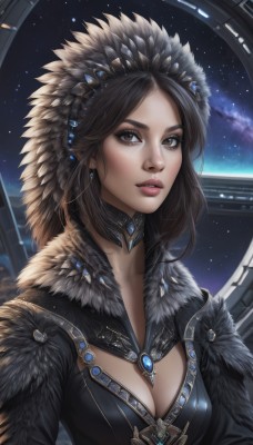 1girl,solo,long hair,breasts,looking at viewer,brown hair,black hair,hair ornament,cleavage,brown eyes,jewelry,medium breasts,upper body,earrings,parted lips,sky,choker,necklace,lips,fur trim,night,watermark,feathers,gem,star (sky),starry sky,fur collar,realistic,nose,headdress,space,makeup