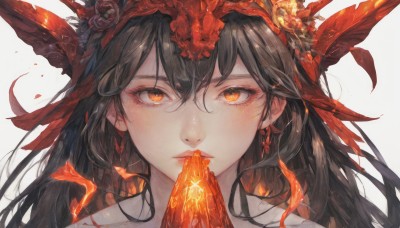 1girl,solo,long hair,looking at viewer,blush,bangs,simple background,black hair,hair ornament,white background,hair between eyes,jewelry,collarbone,flower,earrings,parted lips,hand up,hair flower,lips,orange eyes,eyelashes,makeup,own hands together,fire,feathers,gem,portrait,glint,red lips,feather hair ornament,straight-on,brown hair,closed mouth,shiny,glowing,close-up